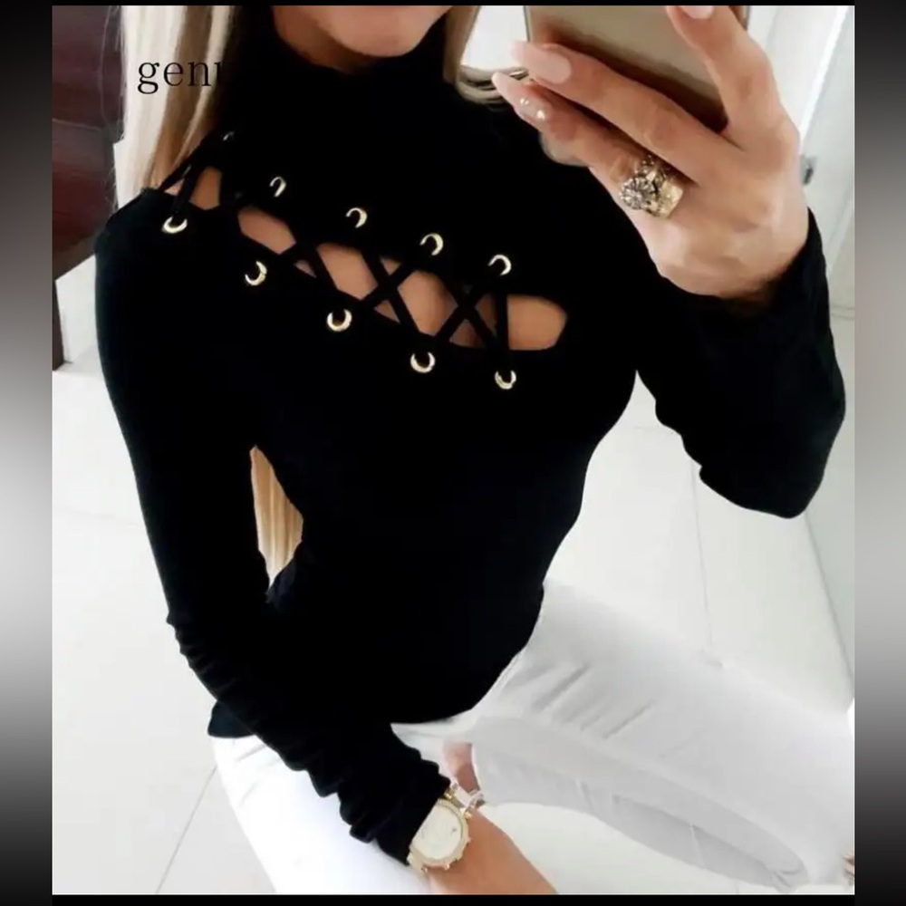 BLACK LONG SLEEVE TOP with LACE TIE ON FRONT